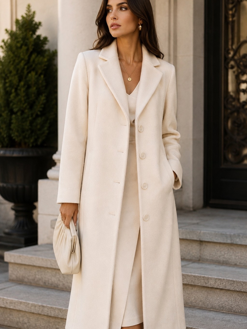 Metrostyle Ivory Wool Blend Long Dress Coat L Classic Chic